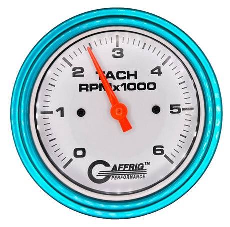 GAFFRIG 3 3/8 INCH TACHOMETER GAUGE 6000 & 8000 WHITE STEP RIM (008) / TEAL / 6000