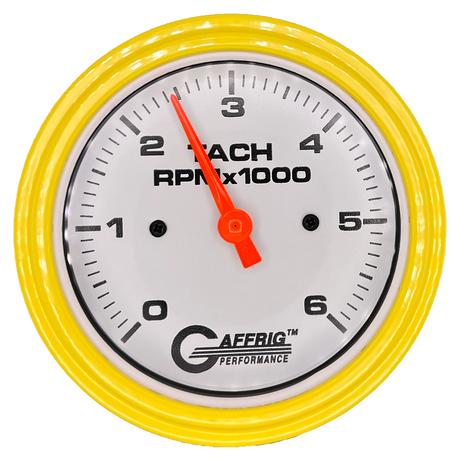 GAFFRIG 3 3/8 INCH TACHOMETER GAUGE 6000 & 8000 WHITE STEP RIM (008) / YELLOW / 6000