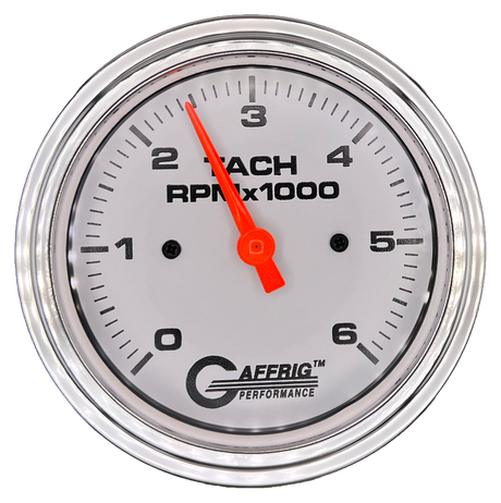 GAFFRIG 3 3/8 INCH TACHOMETER GAUGE 6000 & 8000 WHITE STEP RIM (008) / CHROME/POLISHED / 6000