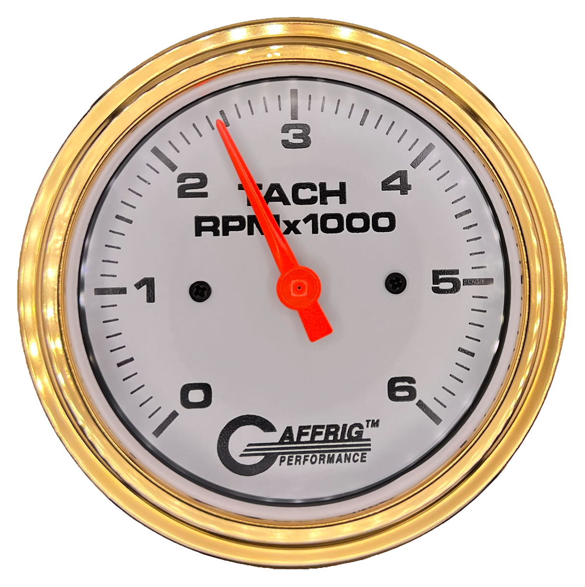 GAFFRIG 3 3/8 INCH TACHOMETER GAUGE 6000 & 8000 WHITE STEP RIM (008) / GOLD / 6000