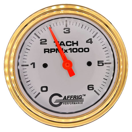 GAFFRIG 3 3/8 INCH TACHOMETER GAUGE 6000 & 8000 WHITE STEP RIM (008) / GOLD / 6000