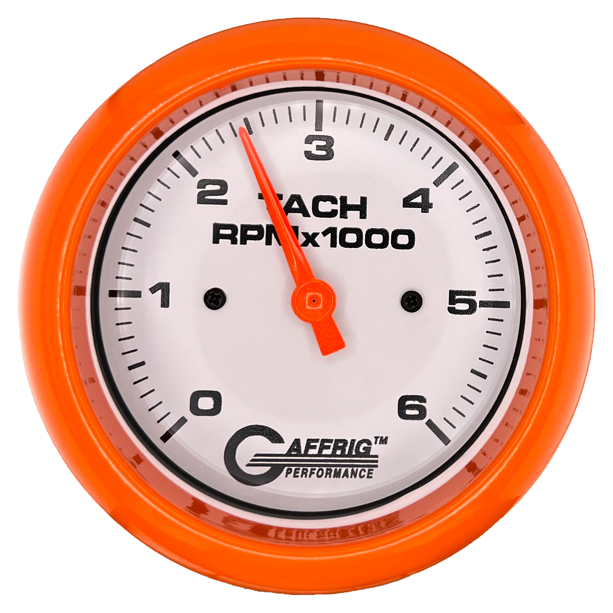 GAFFRIG 3 3/8 INCH TACHOMETER GAUGE 6000 & 8000 WHITE FAT RIM (338) / ORANGE / 6000