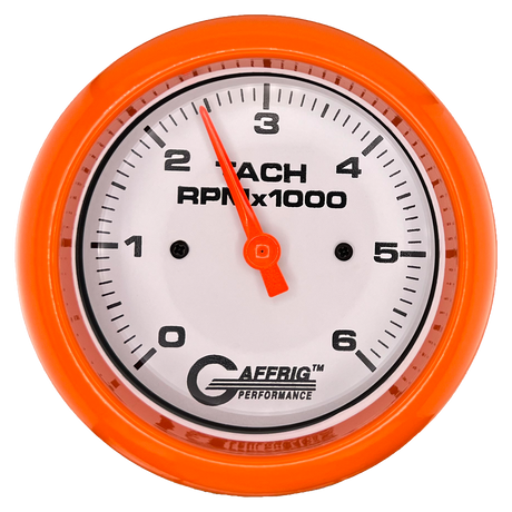 GAFFRIG 3 3/8 INCH TACHOMETER GAUGE 6000 & 8000 WHITE FAT RIM (338) / ORANGE / 6000