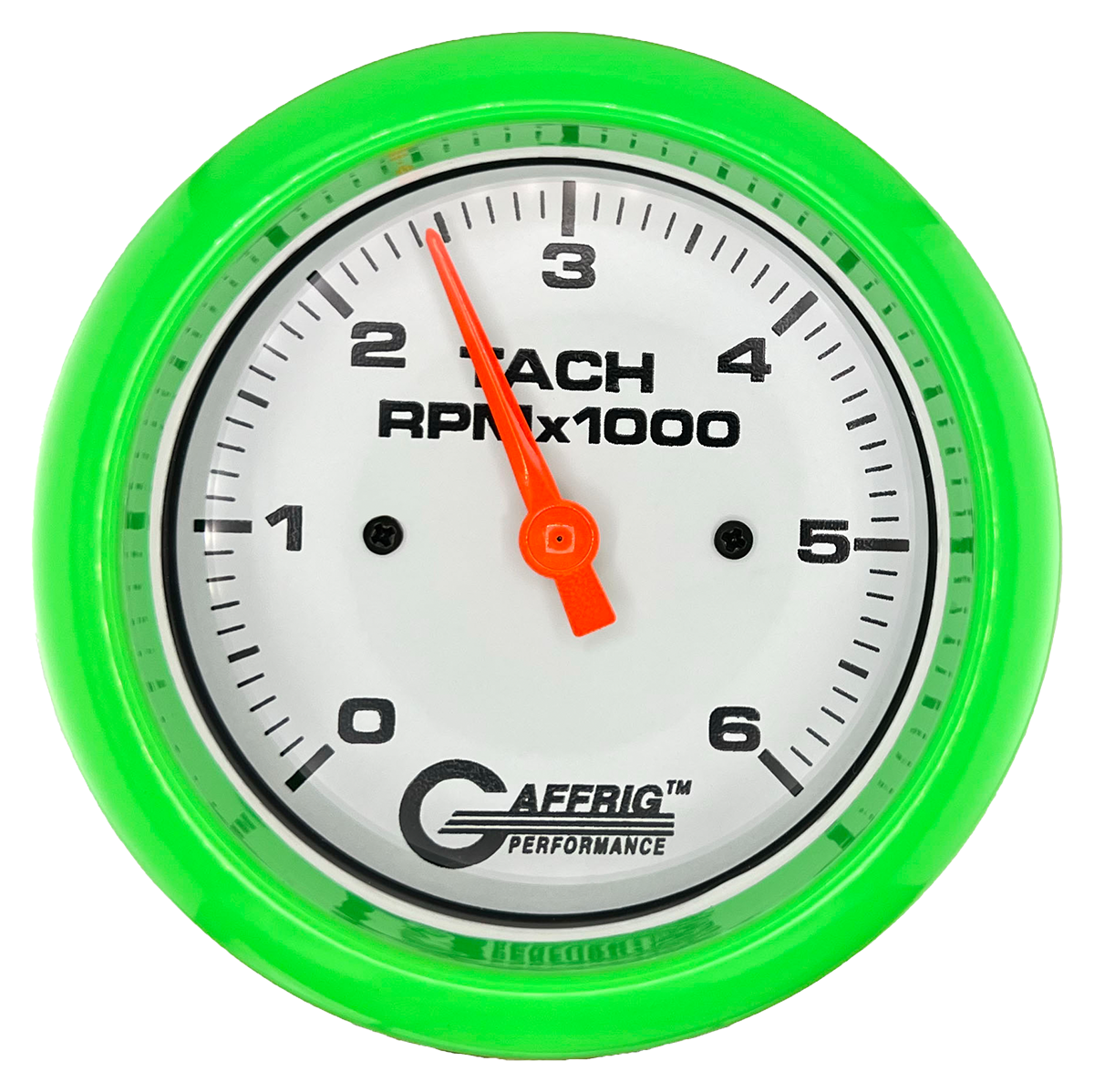 GAFFRIG 3 3/8 INCH TACHOMETER GAUGE 6000 & 8000 WHITE FAT RIM (338) / LIME GREEN / 6000