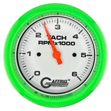 GAFFRIG 3 3/8 INCH TACHOMETER GAUGE 6000 & 8000 WHITE FAT RIM (338) / LIME GREEN / 6000