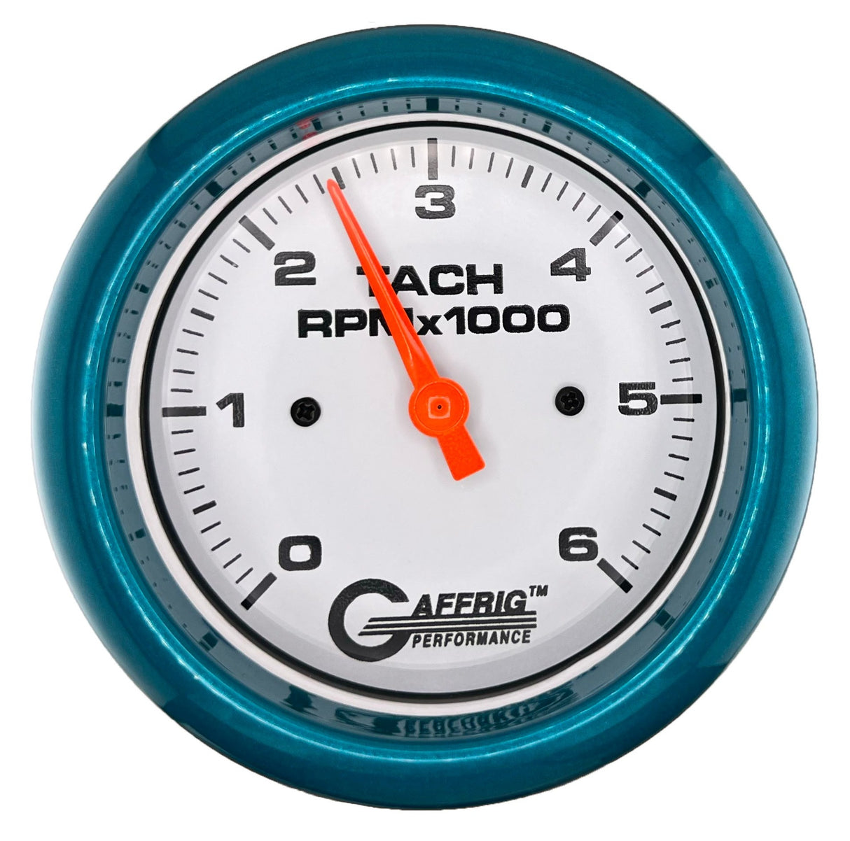 GAFFRIG 3 3/8 INCH TACHOMETER GAUGE 6000 & 8000 WHITE FAT RIM (338) / TEAL / 6000