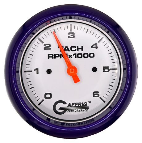 GAFFRIG 3 3/8 INCH TACHOMETER GAUGE 6000 & 8000 WHITE FAT RIM (338) / PURPLE / 6000