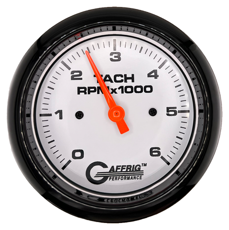 GAFFRIG 3 3/8 INCH TACHOMETER GAUGE 6000 & 8000 WHITE FAT RIM (338) / BLACK / 6000