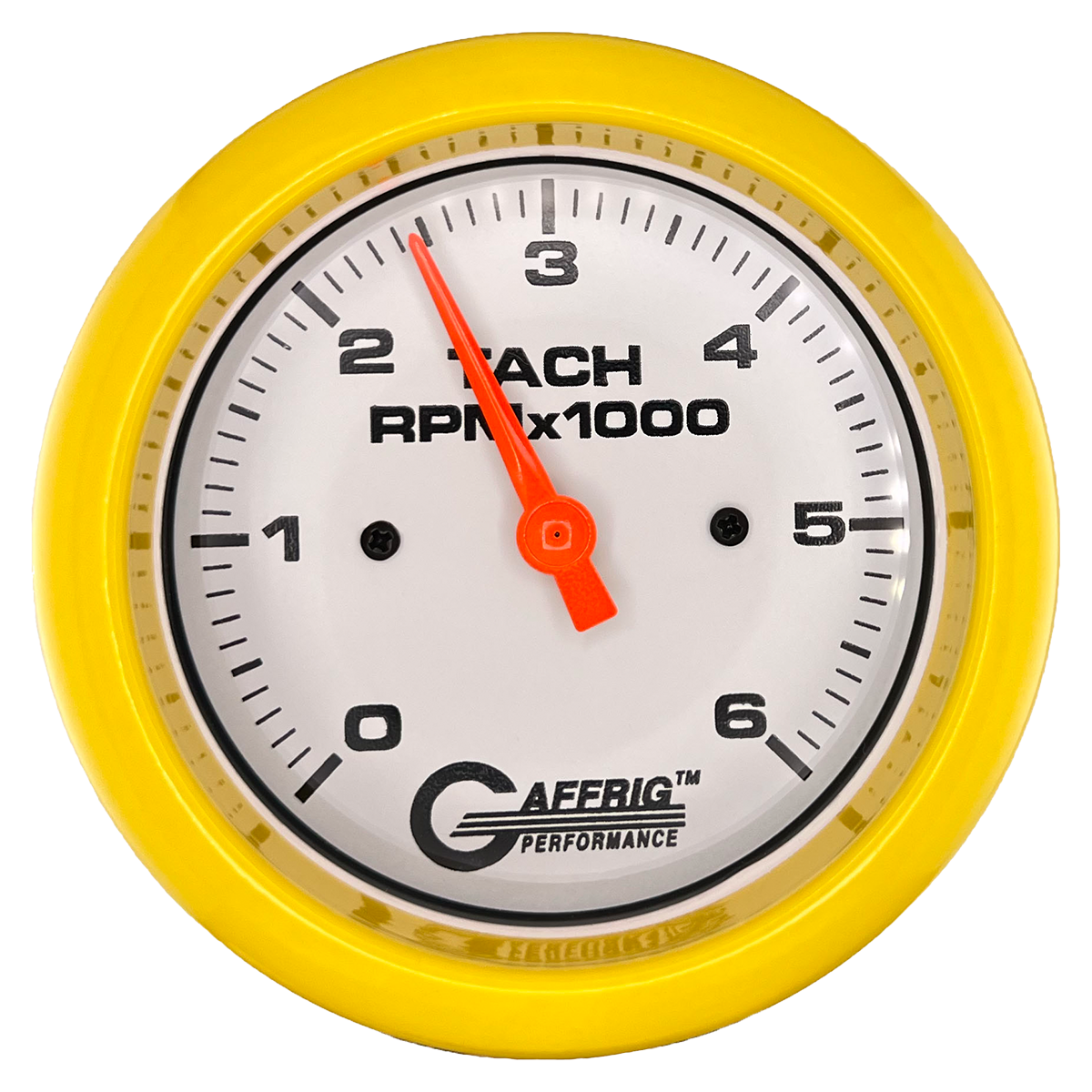 GAFFRIG 3 3/8 INCH TACHOMETER GAUGE 6000 & 8000 WHITE FAT RIM (338) / YELLOW / 6000