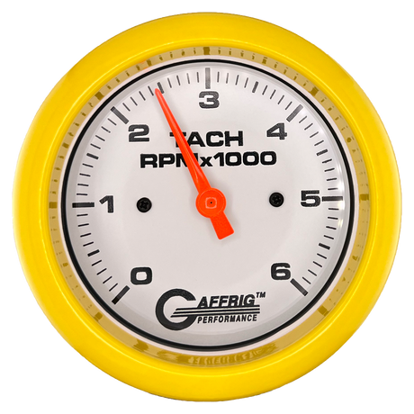 GAFFRIG 3 3/8 INCH TACHOMETER GAUGE 6000 & 8000 WHITE FAT RIM (338) / YELLOW / 6000