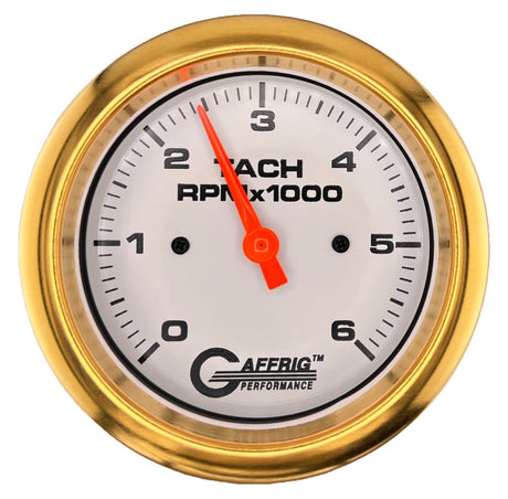 GAFFRIG 3 3/8 INCH TACHOMETER GAUGE 6000 & 8000 WHITE FAT RIM (338) / GOLD / 6000