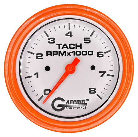 GAFFRIG 3 3/8 INCH TACHOMETER GAUGE 6000 & 8000 WHITE STEP RIM (008) / ORANGE / 8000