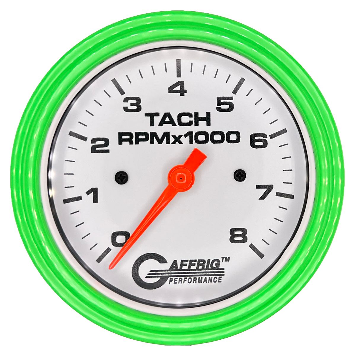 GAFFRIG 3 3/8 INCH TACHOMETER GAUGE 6000 & 8000 WHITE STEP RIM (008) / LIME GREEN / 8000