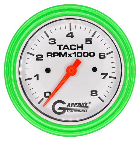 GAFFRIG 3 3/8 INCH TACHOMETER GAUGE 6000 & 8000 WHITE STEP RIM (008) / LIME GREEN / 8000