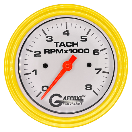 GAFFRIG 3 3/8 INCH TACHOMETER GAUGE 6000 & 8000 WHITE STEP RIM (008) / YELLOW / 8000