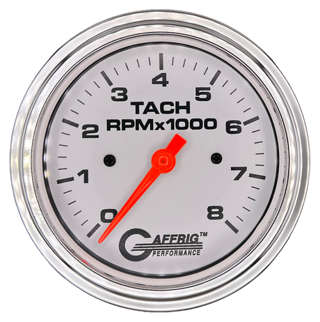 GAFFRIG 3 3/8 INCH TACHOMETER GAUGE 6000 & 8000 WHITE STEP RIM (008) / CHROME/POLISHED / 8000