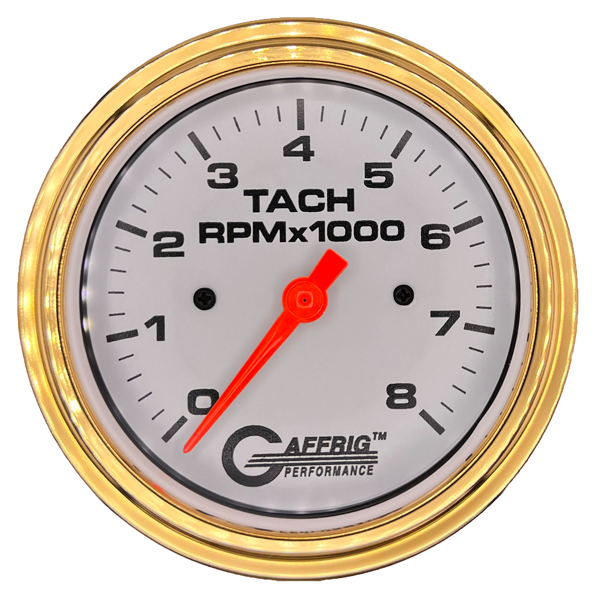 GAFFRIG 3 3/8 INCH TACHOMETER GAUGE 6000 & 8000 WHITE STEP RIM (008) / GOLD / 8000