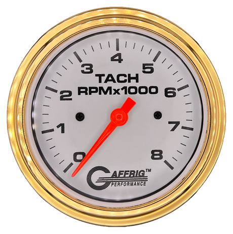 GAFFRIG 3 3/8 INCH TACHOMETER GAUGE 6000 & 8000 WHITE STEP RIM (008) / GOLD / 8000