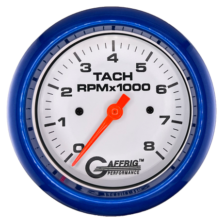 GAFFRIG 3 3/8 INCH TACHOMETER GAUGE 6000 & 8000 WHITE FAT RIM (338) / BLUE / 8000