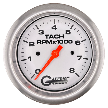 GAFFRIG 3 3/8 INCH TACHOMETER GAUGE 6000 & 8000 WHITE FAT RIM (338) / PLATINUM / 8000