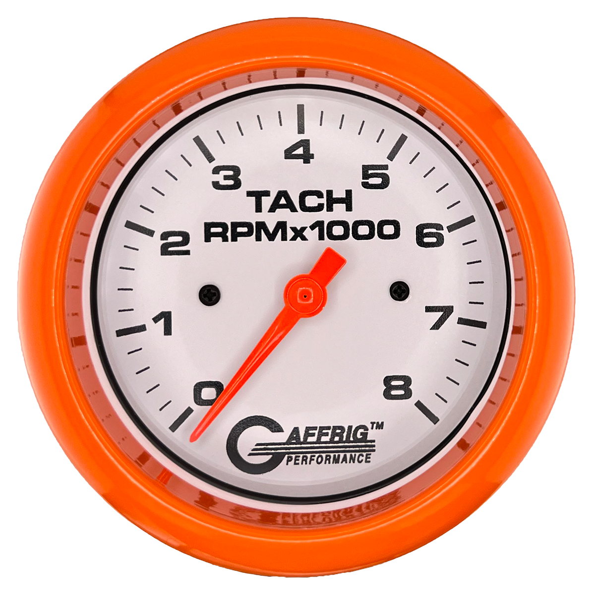 GAFFRIG 3 3/8 INCH TACHOMETER GAUGE 6000 & 8000 WHITE FAT RIM (338) / ORANGE / 8000