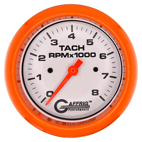 GAFFRIG 3 3/8 INCH TACHOMETER GAUGE 6000 & 8000 WHITE FAT RIM (338) / ORANGE / 8000