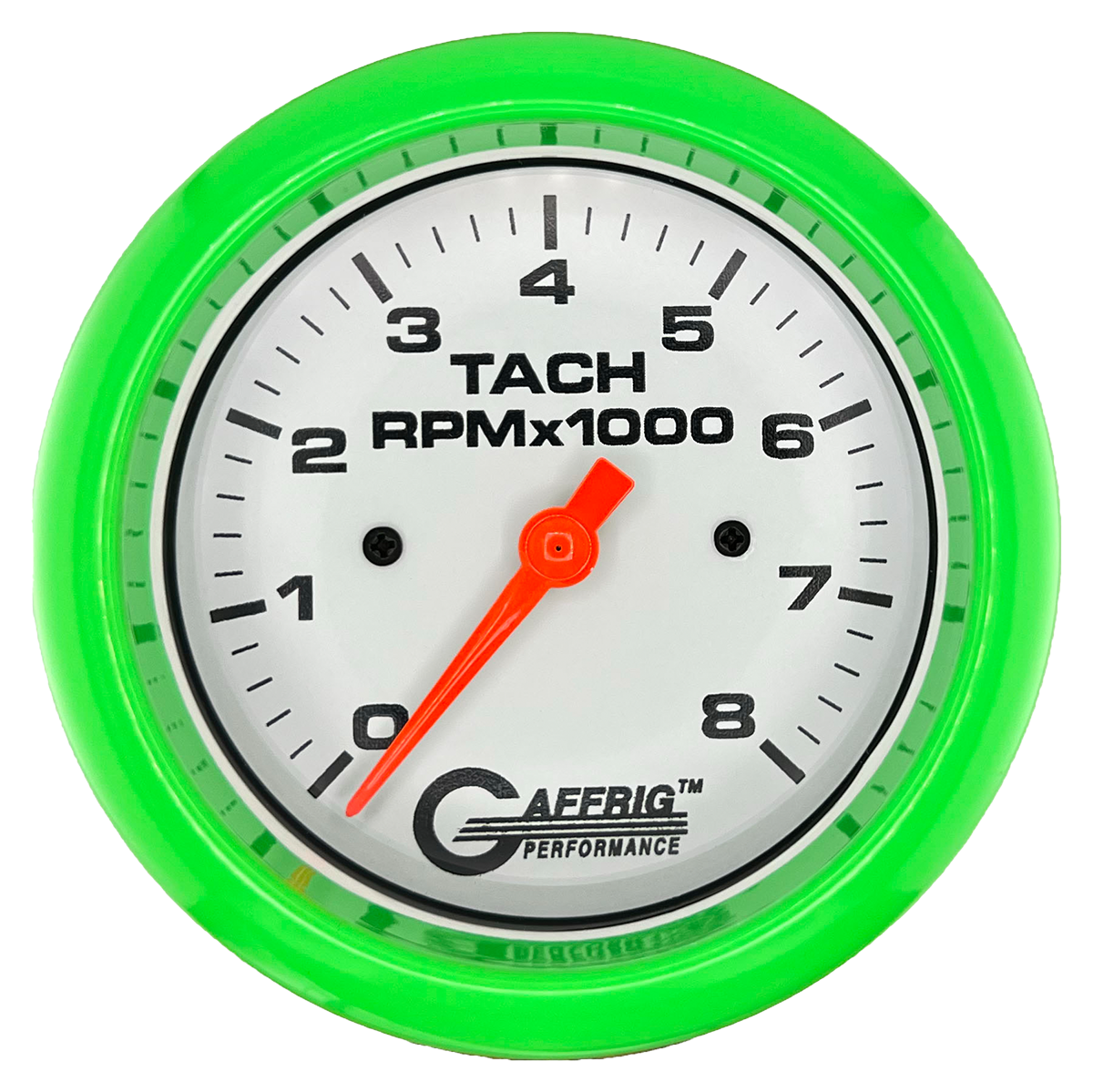 GAFFRIG 3 3/8 INCH TACHOMETER GAUGE 6000 & 8000 WHITE FAT RIM (338) / LIME GREEN / 8000