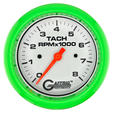 GAFFRIG 3 3/8 INCH TACHOMETER GAUGE 6000 & 8000 WHITE FAT RIM (338) / LIME GREEN / 8000