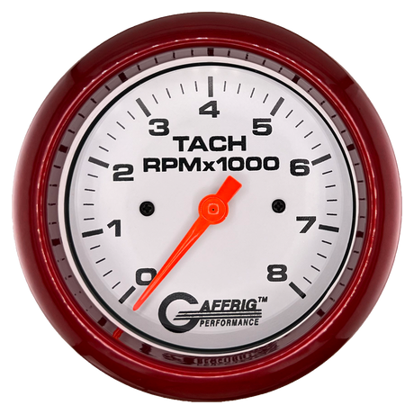 GAFFRIG 3 3/8 INCH TACHOMETER GAUGE 6000 & 8000 WHITE FAT RIM (338) / RED / 8000