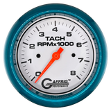 GAFFRIG 3 3/8 INCH TACHOMETER GAUGE 6000 & 8000 WHITE FAT RIM (338) / TEAL / 8000