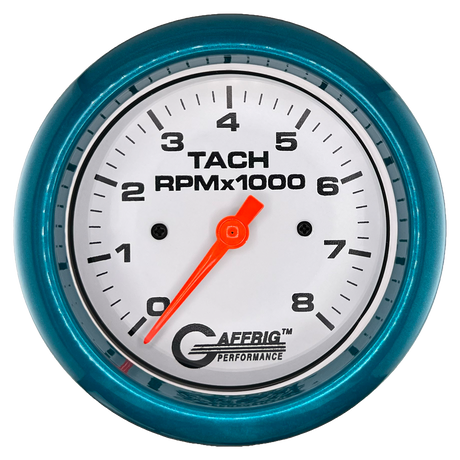 GAFFRIG 3 3/8 INCH TACHOMETER GAUGE 6000 & 8000 WHITE FAT RIM (338) / TEAL / 8000