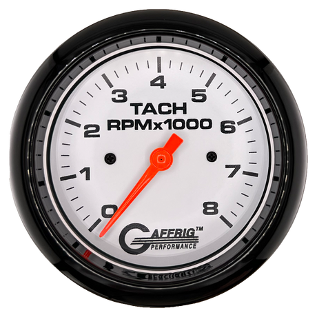 GAFFRIG 3 3/8 INCH TACHOMETER GAUGE 6000 & 8000 WHITE FAT RIM (338) / BLACK / 8000