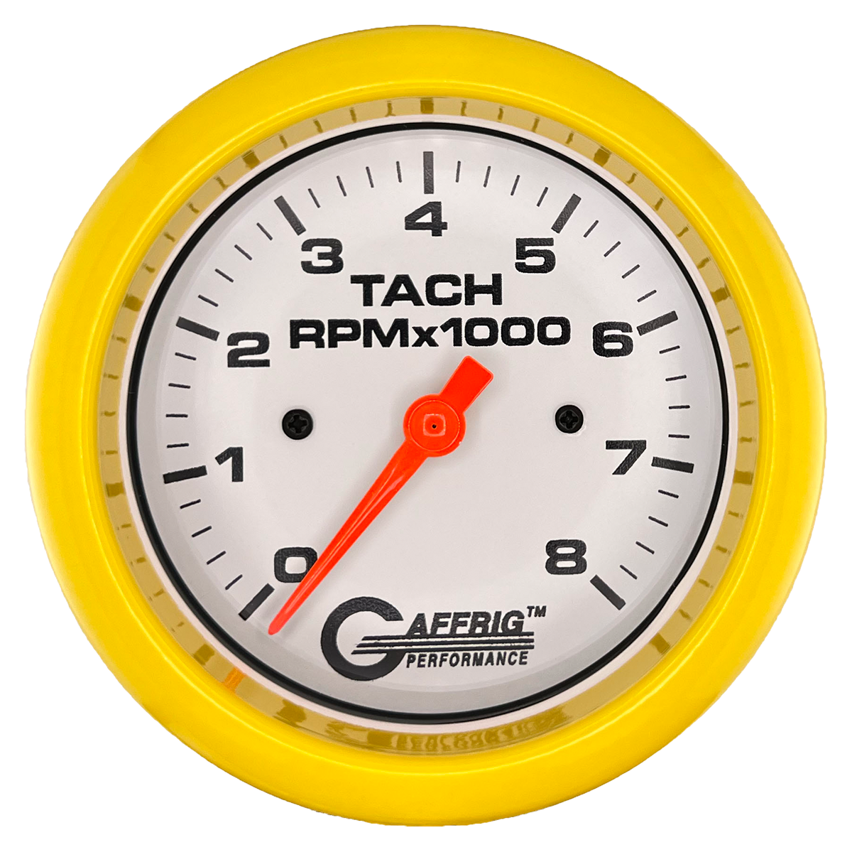 GAFFRIG 3 3/8 INCH TACHOMETER GAUGE 6000 & 8000 WHITE FAT RIM (338) / YELLOW / 8000