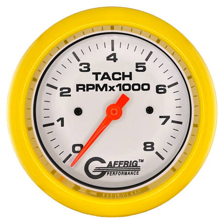 GAFFRIG 3 3/8 INCH TACHOMETER GAUGE 6000 & 8000 WHITE FAT RIM (338) / YELLOW / 8000