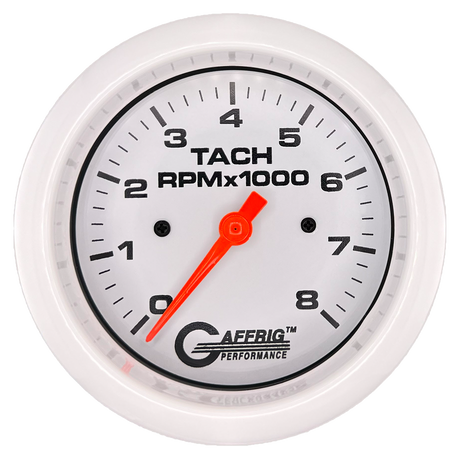 GAFFRIG 3 3/8 INCH TACHOMETER GAUGE 6000 & 8000 WHITE FAT RIM (338) / WHITE / 8000