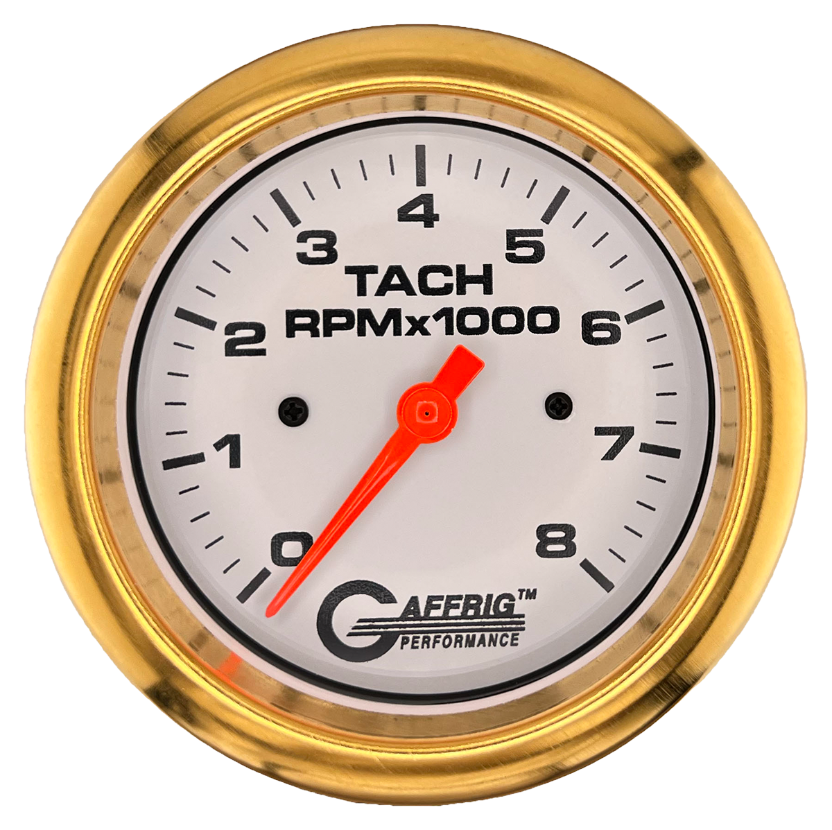 GAFFRIG 3 3/8 INCH TACHOMETER GAUGE 6000 & 8000 WHITE FAT RIM (338) / GOLD / 8000