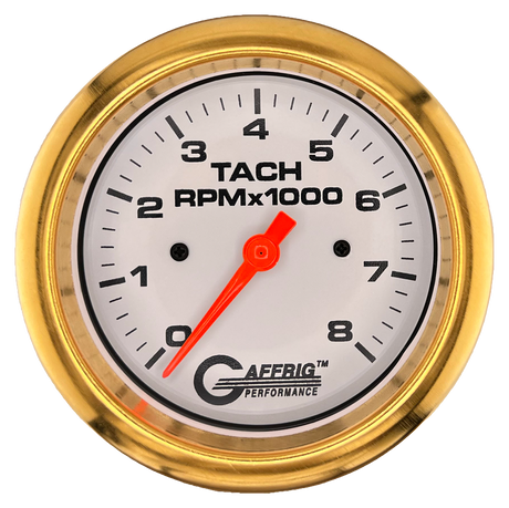 GAFFRIG 3 3/8 INCH TACHOMETER GAUGE 6000 & 8000 WHITE FAT RIM (338) / GOLD / 8000