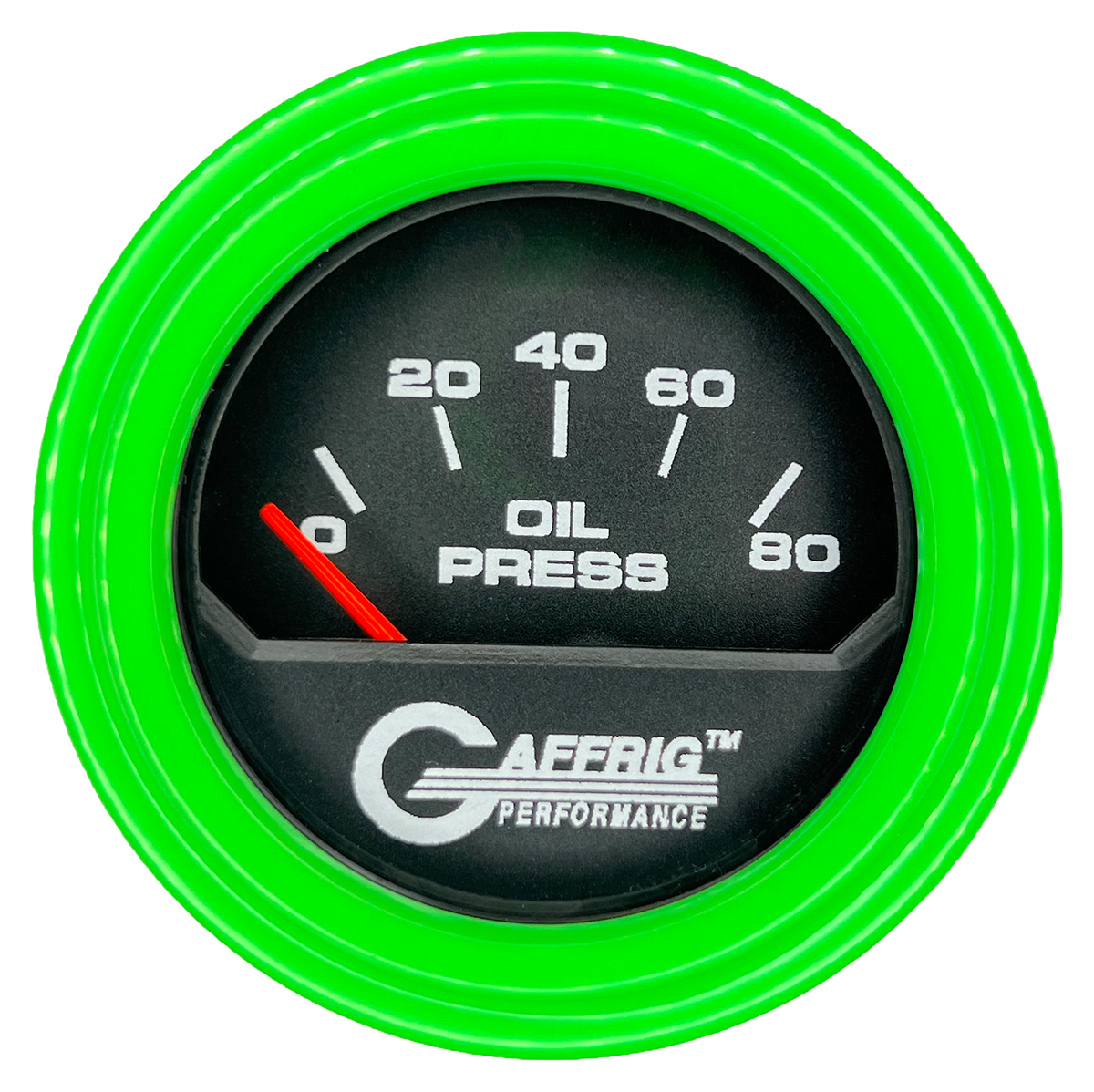 GAFFRIG 2 INCH ELECTRIC OIL PRESSURE GAUGE 0-80 BLACK / LIME GREEN / STEP RIM