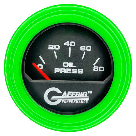 GAFFRIG 2 INCH ELECTRIC OIL PRESSURE GAUGE 0-80 BLACK / LIME GREEN / STEP RIM