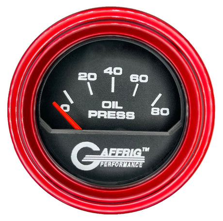 GAFFRIG 2 INCH ELECTRIC OIL PRESSURE GAUGE 0-80 BLACK / RED / STEP RIM