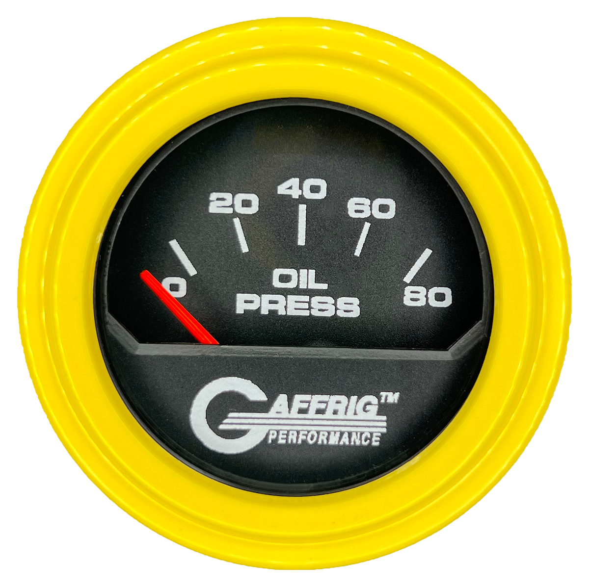 GAFFRIG 2 INCH ELECTRIC OIL PRESSURE GAUGE 0-80 BLACK / YELLOW / STEP RIM