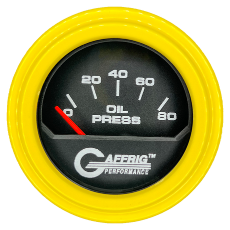 GAFFRIG 2 INCH ELECTRIC OIL PRESSURE GAUGE 0-80 BLACK / YELLOW / STEP RIM