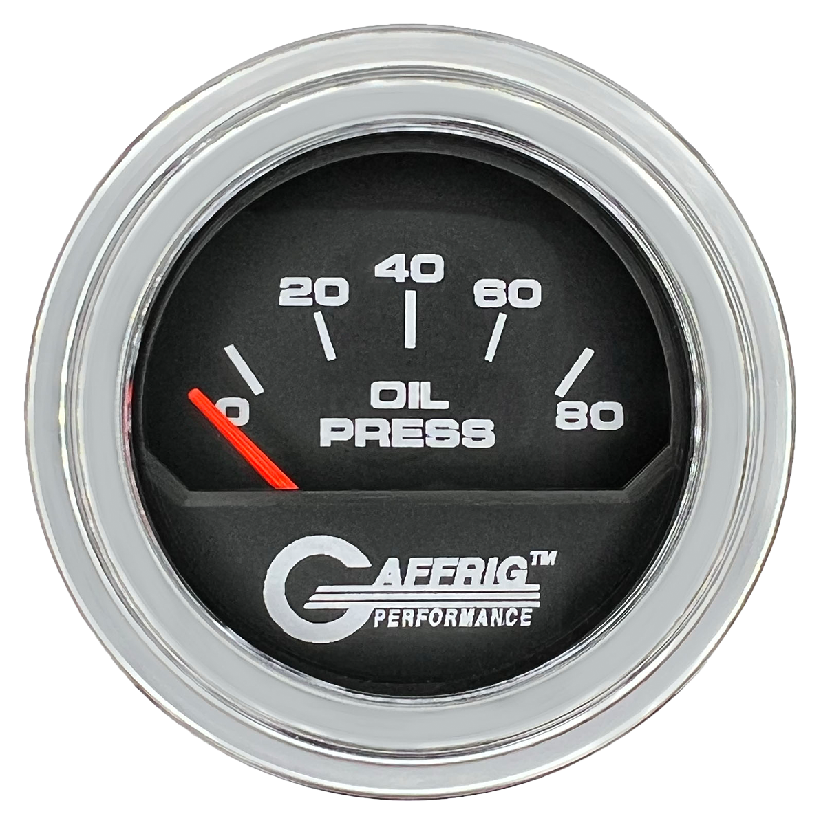 GAFFRIG 2 INCH ELECTRIC OIL PRESSURE GAUGE 0-80 BLACK / CHROME/POLISHED / STEP RIM