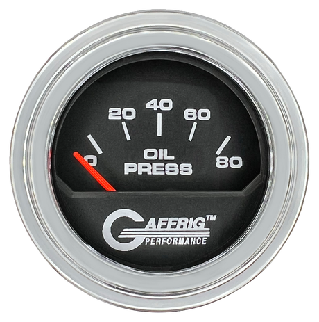 GAFFRIG 2 INCH ELECTRIC OIL PRESSURE GAUGE 0-80 BLACK / CHROME/POLISHED / STEP RIM