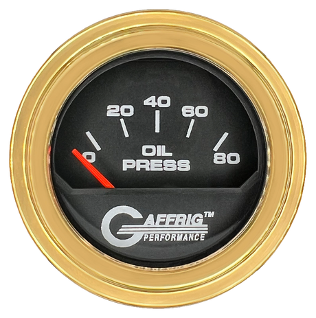 GAFFRIG 2 INCH ELECTRIC OIL PRESSURE GAUGE 0-80 BLACK / GOLD / STEP RIM