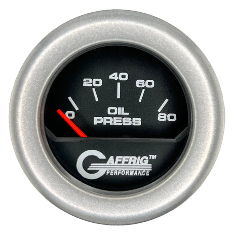 GAFFRIG 2 INCH ELECTRIC OIL PRESSURE GAUGE 0-80 BLACK / PLATINUM / FAT RIM