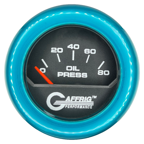 GAFFRIG 2 INCH ELECTRIC OIL PRESSURE GAUGE 0-80 BLACK / TEAL / FAT RIM