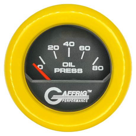 GAFFRIG 2 INCH ELECTRIC OIL PRESSURE GAUGE 0-80 BLACK / YELLOW / FAT RIM