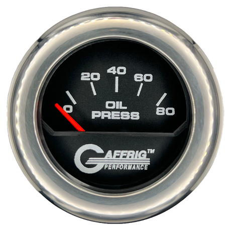 GAFFRIG 2 INCH ELECTRIC OIL PRESSURE GAUGE 0-80 BLACK / CHROME/POLISHED / FAT RIM