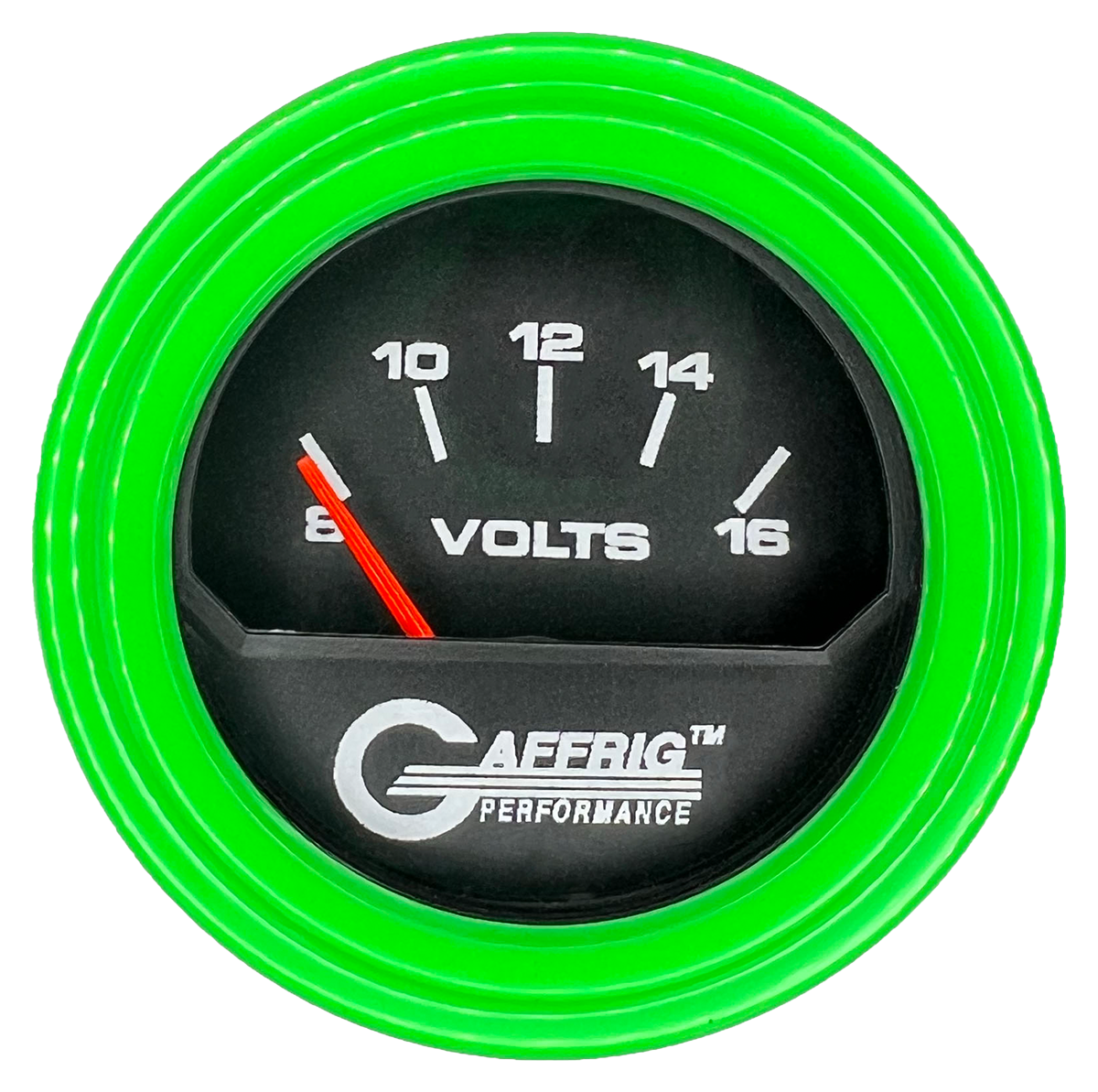 GAFFRIG 2 INCH ELECTRIC VOLTMETER 8-16 VOLT GAUGE STEP RIM (002) / LIME GREEN / BLACK